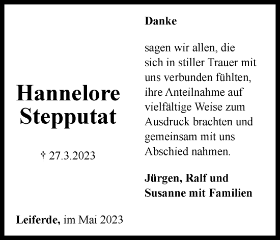 Traueranzeige von Hannelore Stepputat von Neue Braunschweiger am Samstag