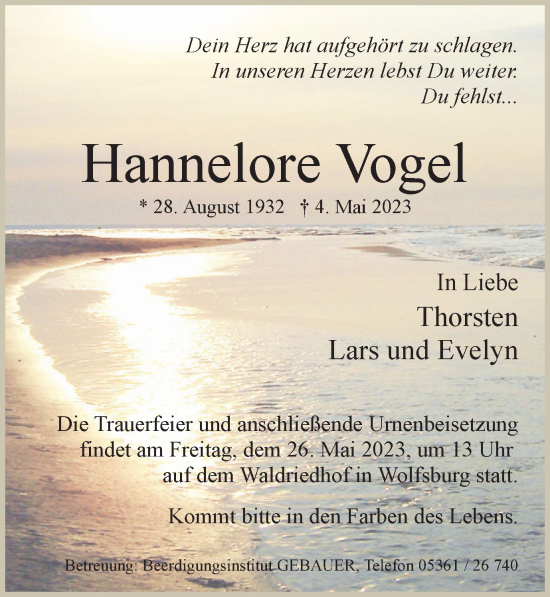 Traueranzeige von Hannelore Vogel von Wolfsburger Nachrichten