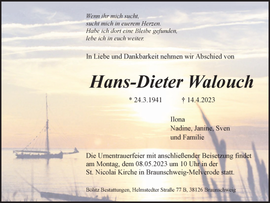 Traueranzeige von Hans-Dieter Walouch von Braunschweiger Zeitung