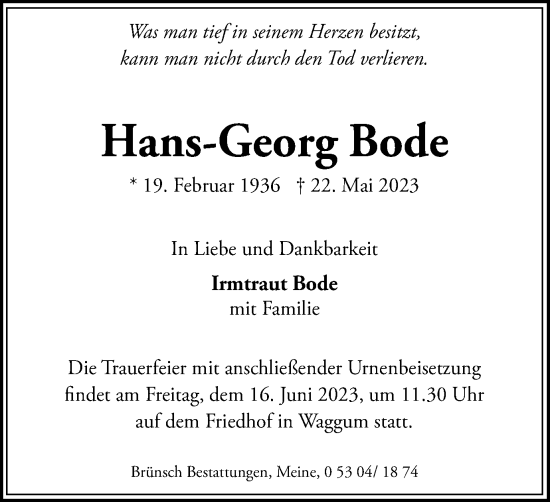Traueranzeige von Hans-Georg Bode von Braunschweiger Zeitung