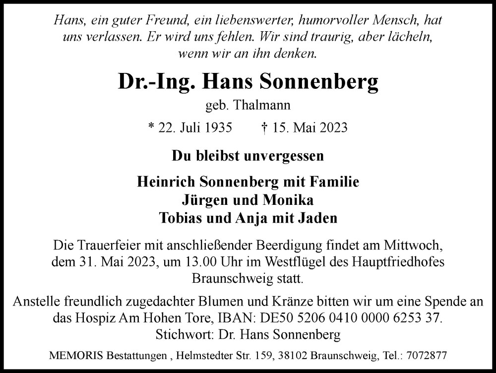  Traueranzeige für Hans Sonnenberg vom 26.05.2023 aus Braunschweiger Zeitung