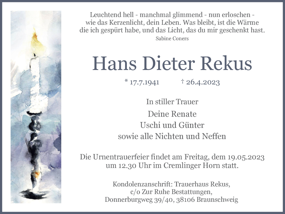  Traueranzeige für Hans Dieter Rekus vom 06.05.2023 aus Braunschweiger Zeitung