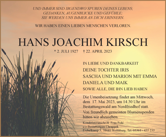 Traueranzeige von Hans Joachim Kirsch von Wolfsburger Nachrichten