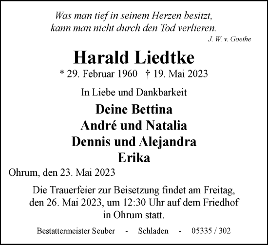 Traueranzeige von Harald Liedtke von Wolfenbütteler Zeitung