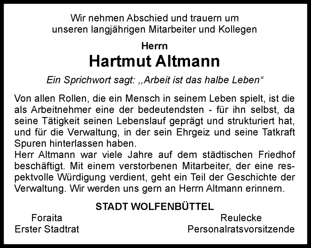  Traueranzeige für Hartmut Altmann vom 26.05.2023 aus Wolfenbütteler Zeitung