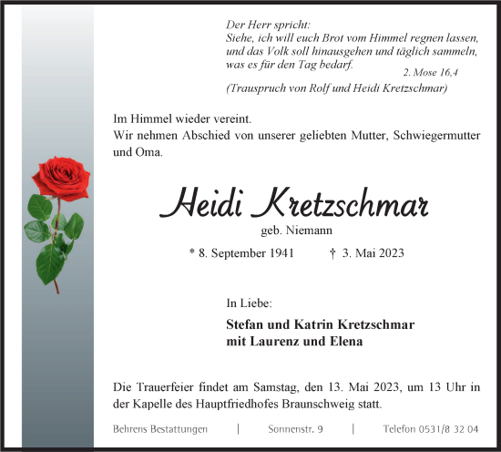 Traueranzeige von Heidi Kretzschmar von Braunschweiger Zeitung