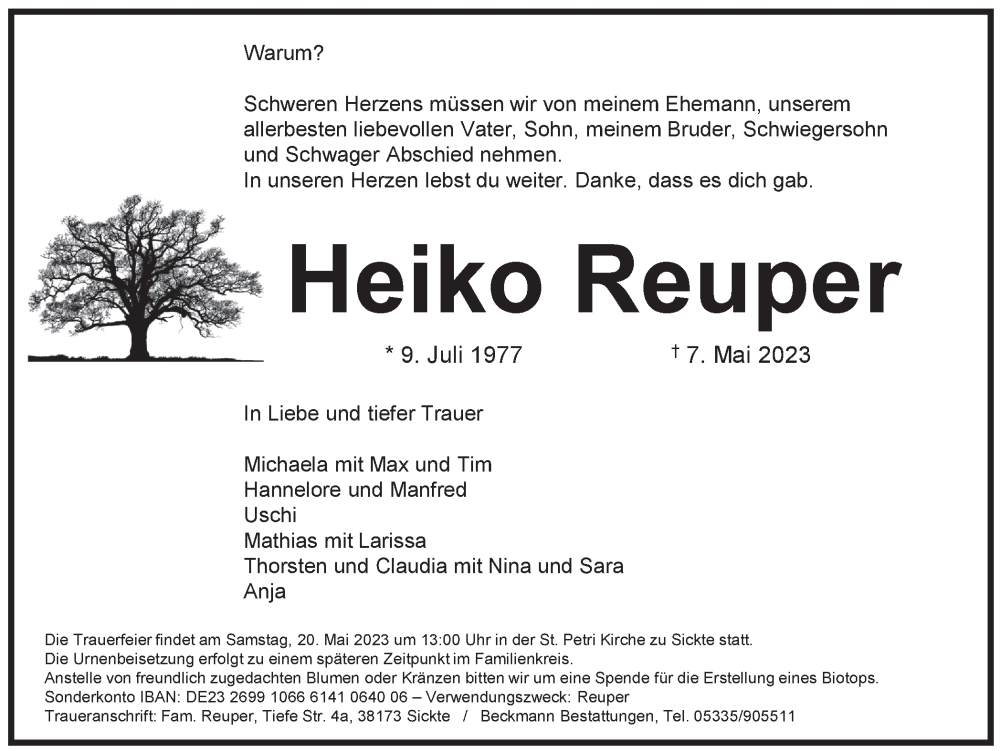  Traueranzeige für Heiko Reuper vom 16.05.2023 aus Braunschweiger Zeitung