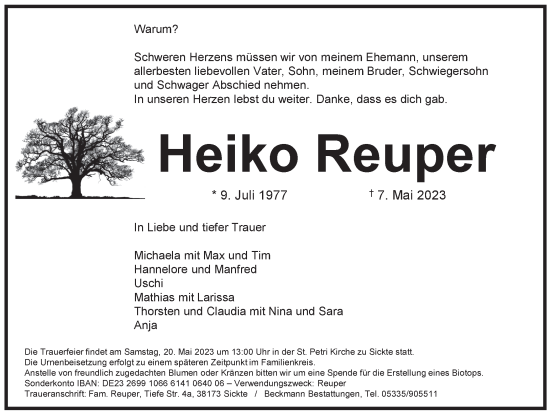 Traueranzeige von Heiko Reuper von Braunschweiger Zeitung