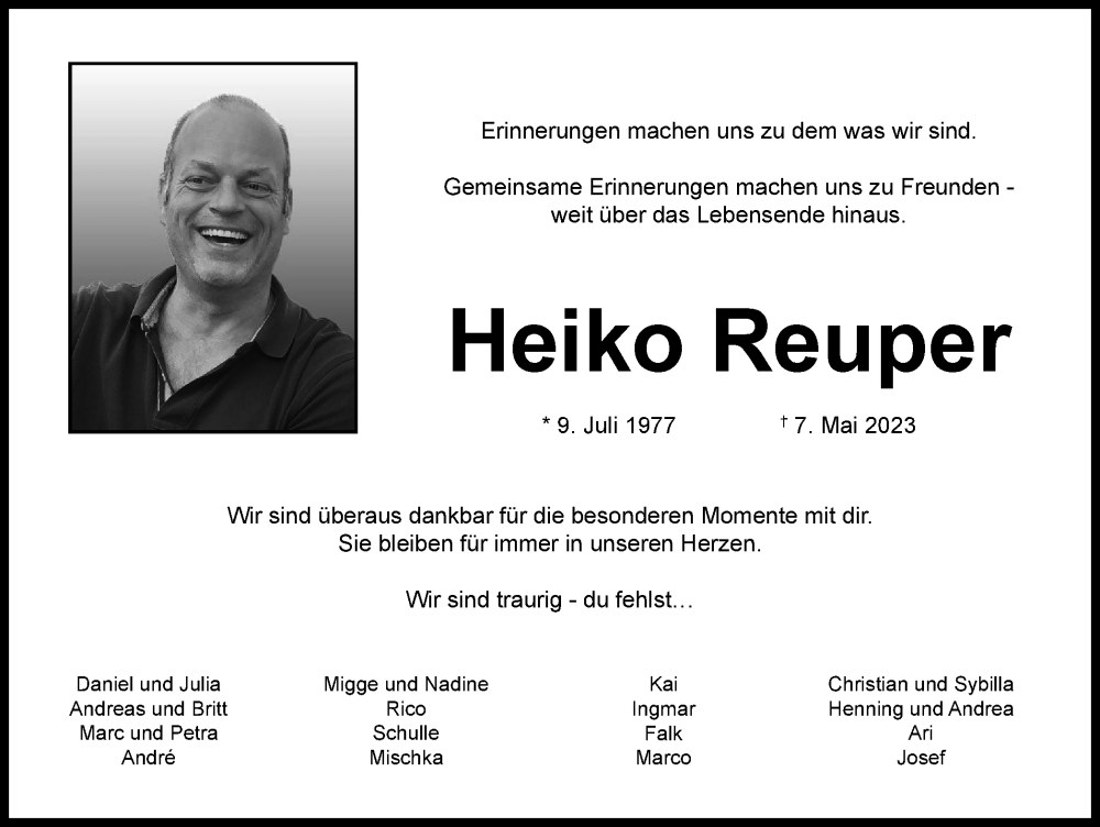  Traueranzeige für Heiko Reuper vom 20.05.2023 aus Braunschweiger Zeitung