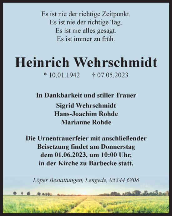 Traueranzeige von Heinrich Wehrschmidt von Salzgitter-Zeitung, Peiner Nachrichten