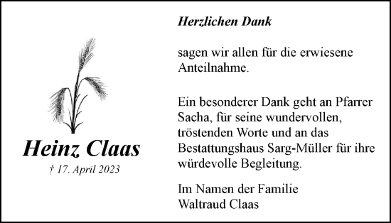 Traueranzeige von Heinz Claas von Braunschweiger Zeitung