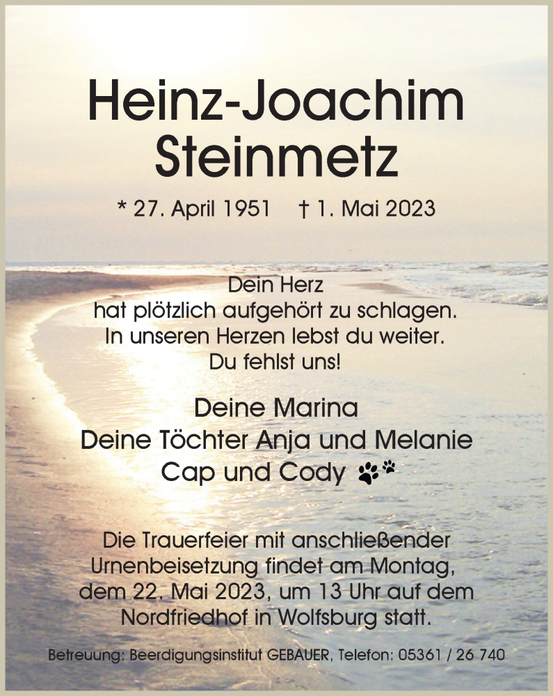 Traueranzeige für Heinz-Joachim Steinmetz vom 06.05.2023 aus Wolfsburger Nachrichten