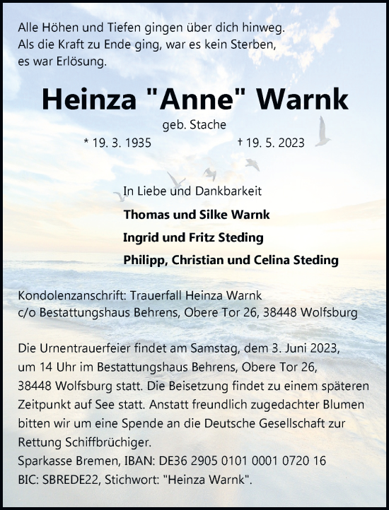 Traueranzeige von Heinza Warnk von Wolfsburger Nachrichten