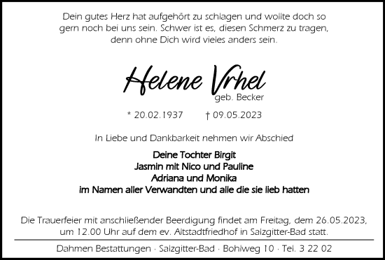 Traueranzeige von Helene Vrhel von Salzgitter-Zeitung
