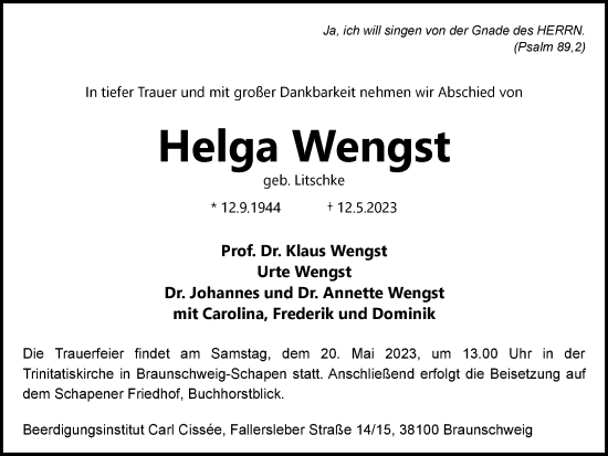 Traueranzeige von Helga Wengst von Braunschweiger Zeitung
