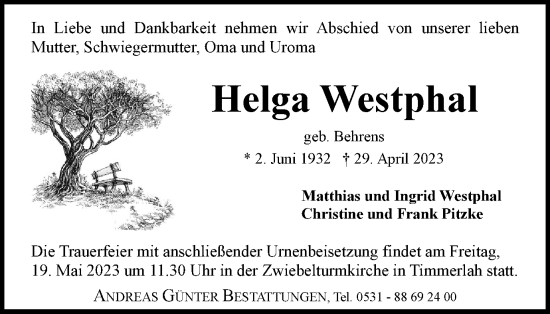 Traueranzeige von Helga Westphal von Braunschweiger Zeitung