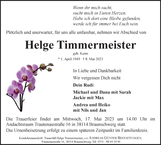 Traueranzeige von Helge Timmermeister von Braunschweiger Zeitung
