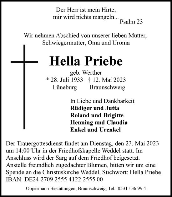 Traueranzeige von Hella Priebe von Braunschweiger Zeitung