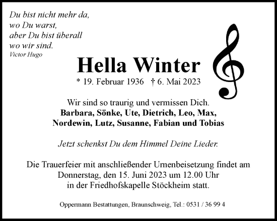Traueranzeige von Hella Winter von Braunschweiger Zeitung