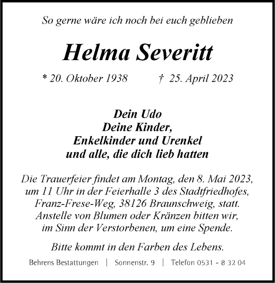 Traueranzeige von Helma Severitt von Braunschweiger Zeitung