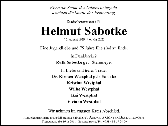 Traueranzeige von Helmut Sabotke von Braunschweiger Zeitung