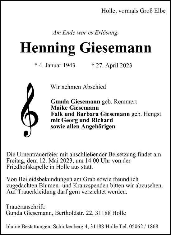 Traueranzeige von Henning Giesemann von Salzgitter-Zeitung