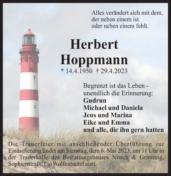 Traueranzeige von Herbert Hoppmann von Wolfenbütteler Zeitung