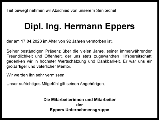 Traueranzeige von Hermann Eppers von Braunschweiger Zeitung