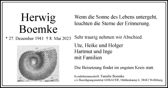 Traueranzeige von Herwig Boemke von Wolfsburger Nachrichten
