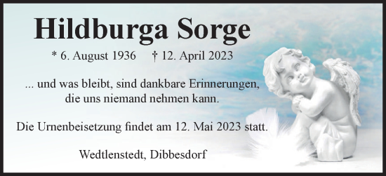 Traueranzeige von Hildburga Sorge von Neue Braunschweiger am Samstag