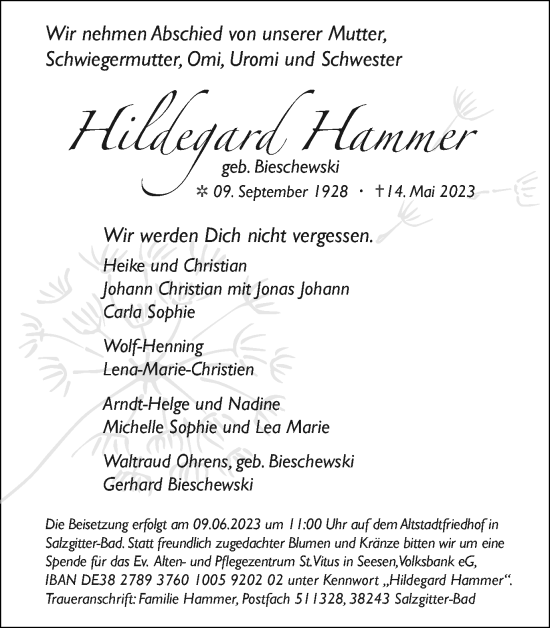Traueranzeige von Hildegard Hammer von Salzgitter-Zeitung
