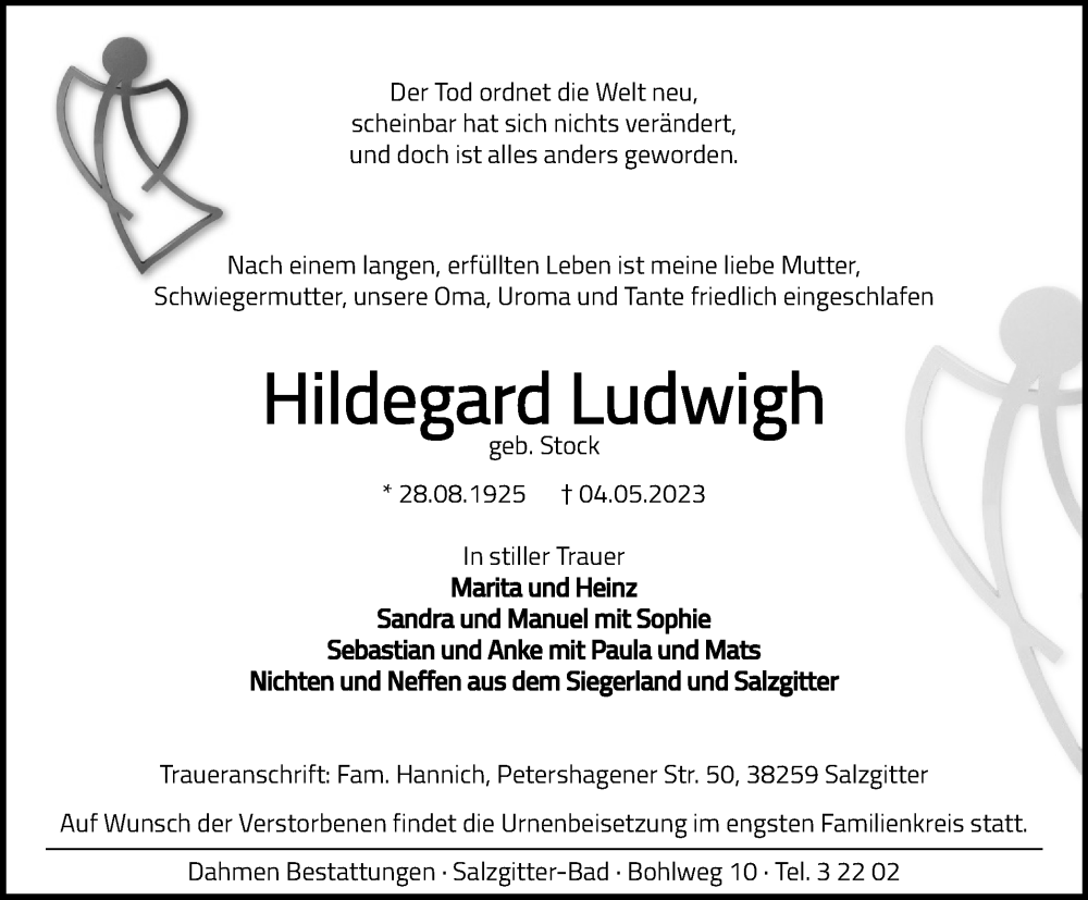  Traueranzeige für Hildegard Ludwigh vom 13.05.2023 aus Salzgitter-Zeitung