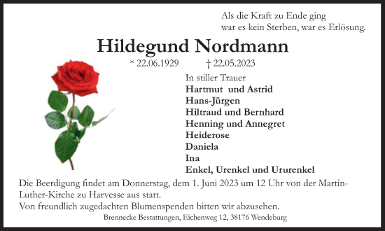 Traueranzeige von Hildegund Nordmann von Braunschweiger Zeitung