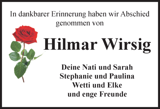 Traueranzeige von Hilmar Wirsig von Wolfsburger Nachrichten