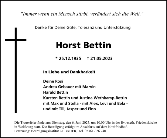 Traueranzeige von Horst Bettin von Wolfsburger Nachrichten