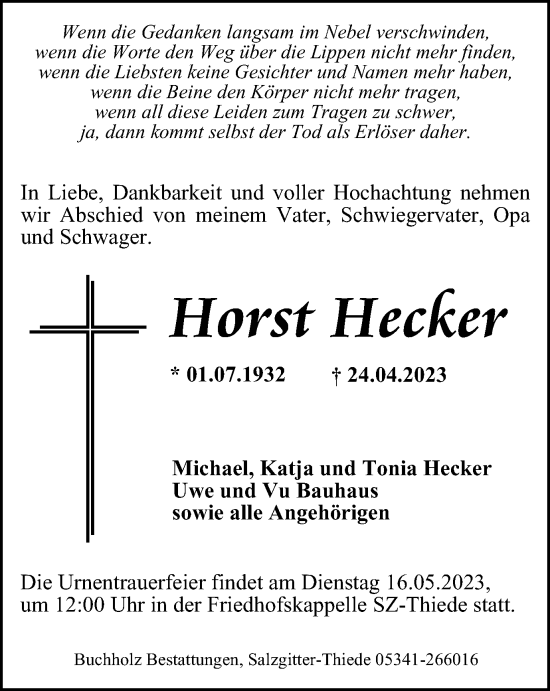 Traueranzeige von Horst Hecker von Salzgitter-Zeitung