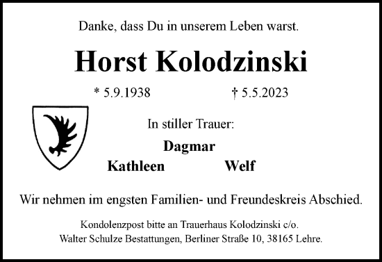 Traueranzeige von Horst Kolodzinski von Braunschweiger Zeitung
