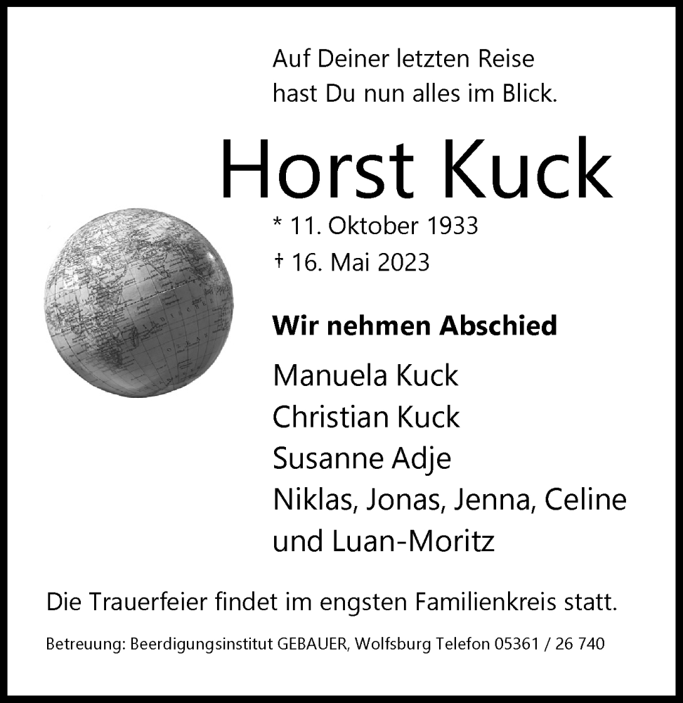  Traueranzeige für Horst Kuck vom 26.05.2023 aus Wolfsburger Nachrichten