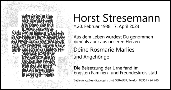 Traueranzeige von Horst Stresemann von Wolfsburger Nachrichten
