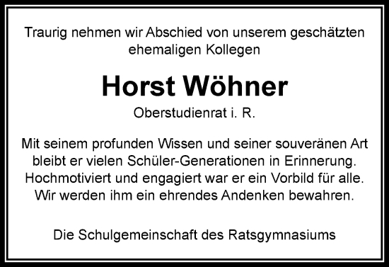 Traueranzeige von Horst Wöhner von Wolfsburger Nachrichten