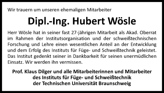 Traueranzeige von Hubert Wösle von Braunschweiger Zeitung
