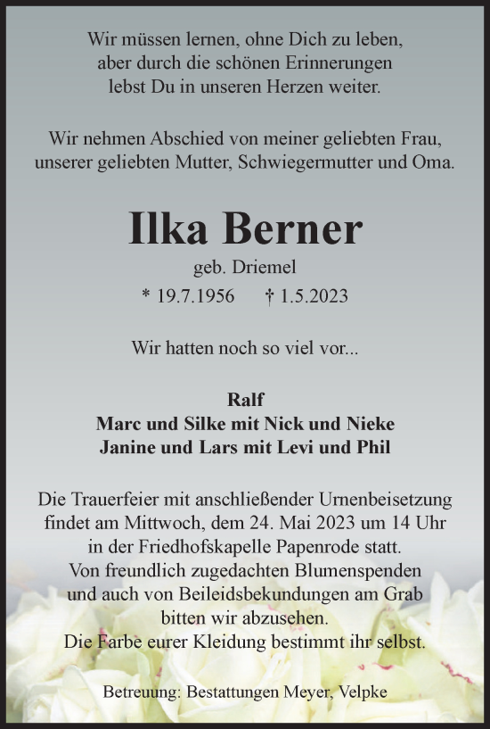 Traueranzeige von Ilka Berner von Helmstedter Nachrichten