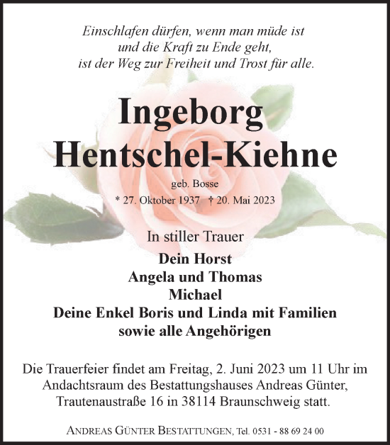 Traueranzeige von Ingeborg Hentschel-Kiehne von Braunschweiger Zeitung