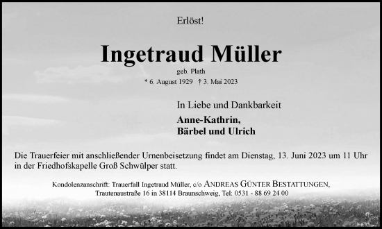Traueranzeige von Ingetraud Müller von Braunschweiger Zeitung, Salzgitter-Zeitung