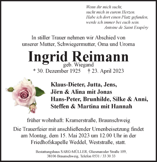Traueranzeige von Ingrid Reimann von Braunschweiger Zeitung