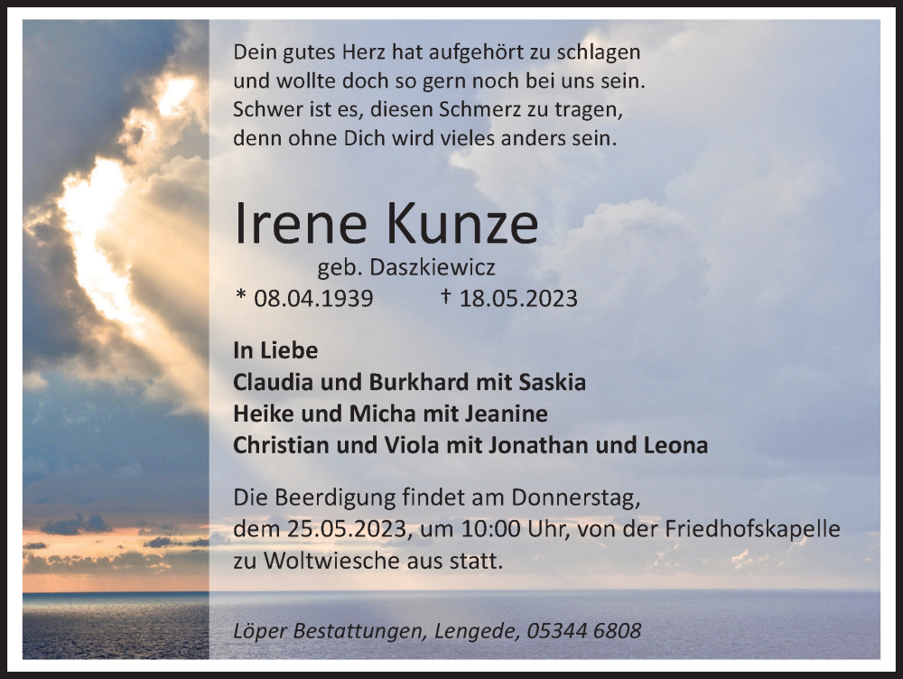  Traueranzeige für Irene Kunze vom 23.05.2023 aus Peiner Nachrichten