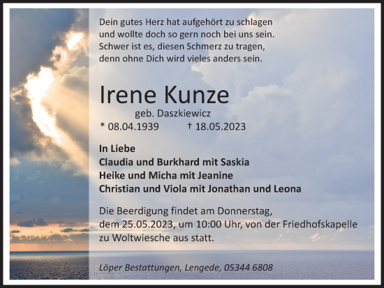 Traueranzeige von Irene Kunze von Peiner Nachrichten