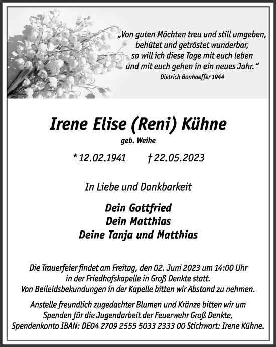 Traueranzeige von Irene Elise Kühne von Wolfenbütteler Zeitung