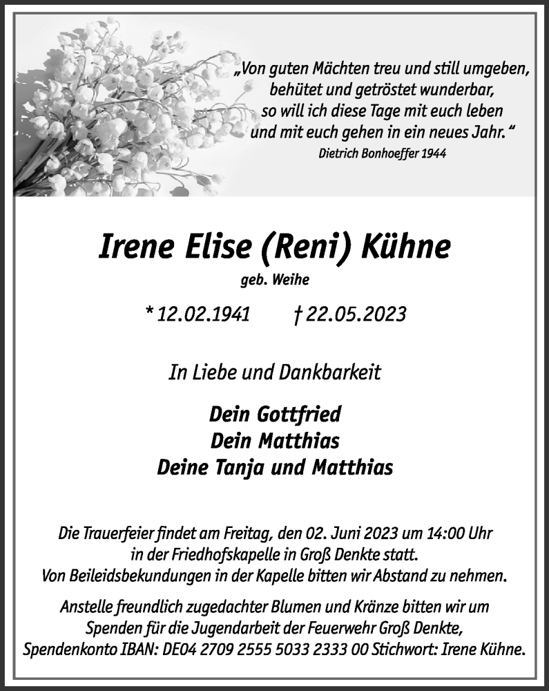  Traueranzeige für Irene Elise Kühne vom 27.05.2023 aus Wolfenbütteler Zeitung
