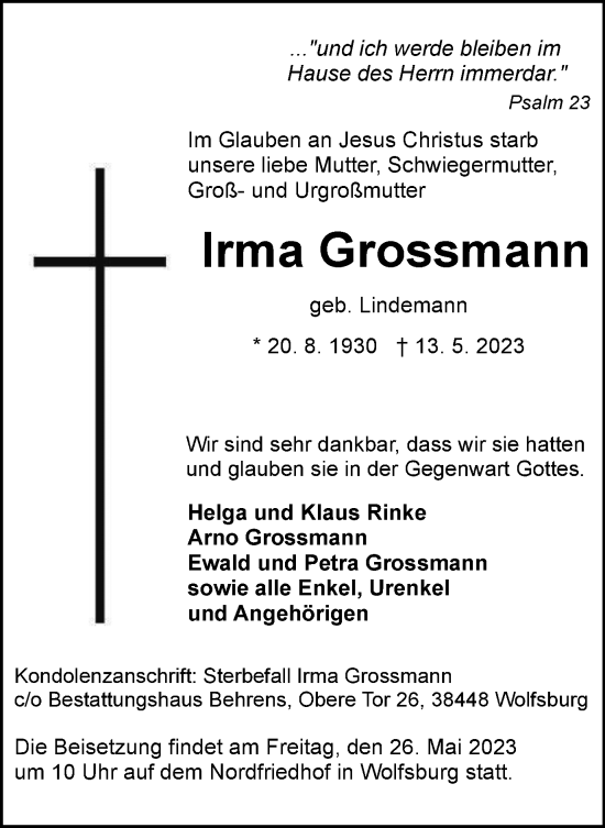 Traueranzeige von Irma Grossmann von Wolfsburger Nachrichten